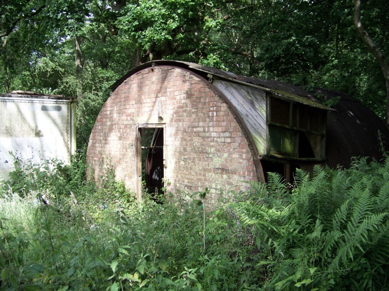 A Nissen hut seen through the trees